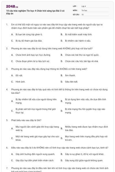 10 câu trắc nghiệm Tin học 4 Chân trời sáng tạo Bài 3 có đáp án