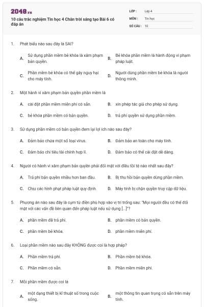 10 câu trắc nghiệm Tin học 4 Chân trời sáng tạo Bài 6 có đáp án