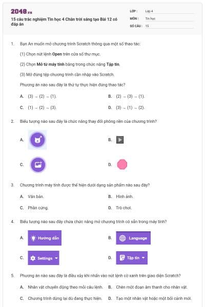 15 câu trắc nghiệm Tin học 4 Chân trời sáng tạo Bài 12 có đáp án