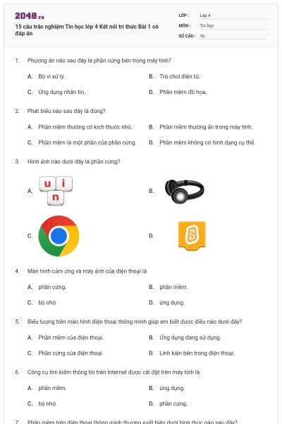 15 câu trắc nghiệm Tin học lớp 4 Kết nối tri thức Bài 1 có đáp án