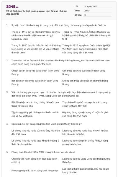 20 bộ đề luyện thi thpt quốc gia môn Lịch Sử mới nhất có đáp án (P8)