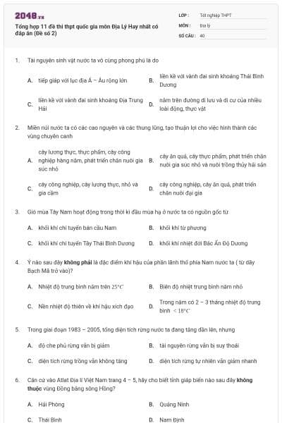 Tổng hợp 11 đề thi thpt quốc gia môn Địa Lý Hay nhất có đáp án (Đề số 2)