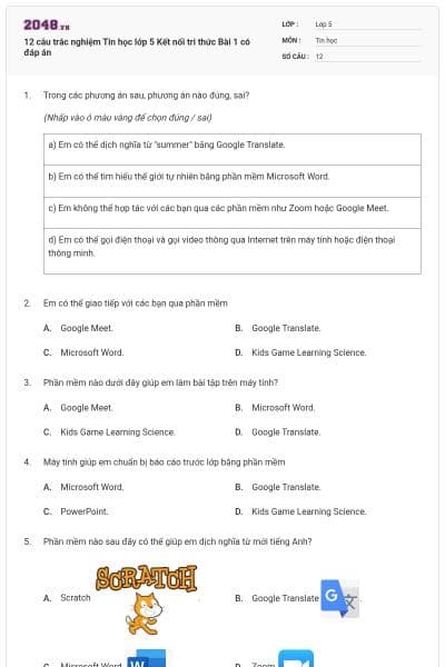 12 câu trắc nghiệm Tin học lớp 5 Kết nối tri thức Bài 1 có đáp án