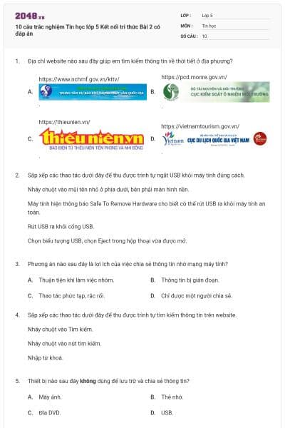 10 câu trắc nghiệm Tin học lớp 5 Kết nối tri thức Bài 2 có đáp án
