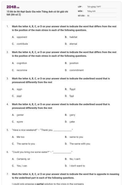 15 Đề ôn thi thpt Quốc Gia môn Tiếng Anh có lời giải chi tiết (Đề số 2)
