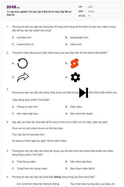 11 câu trắc nghiệm Tin học lớp 5 Kết nối tri thức Bài 8B có đáp án