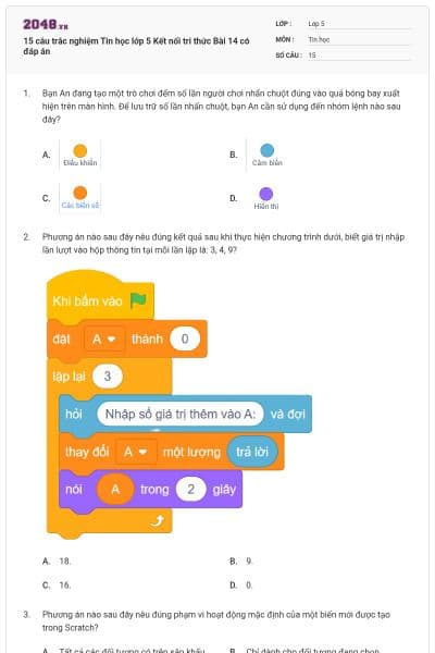 15 câu trắc nghiệm Tin học lớp 5 Kết nối tri thức Bài 14 có đáp án