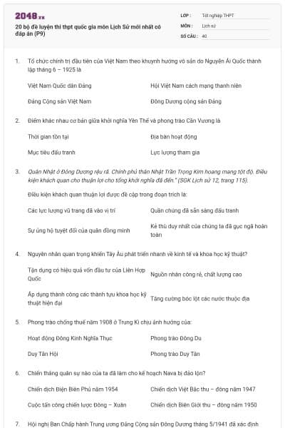 20 bộ đề luyện thi thpt quốc gia môn Lịch Sử mới nhất có đáp án (P9)