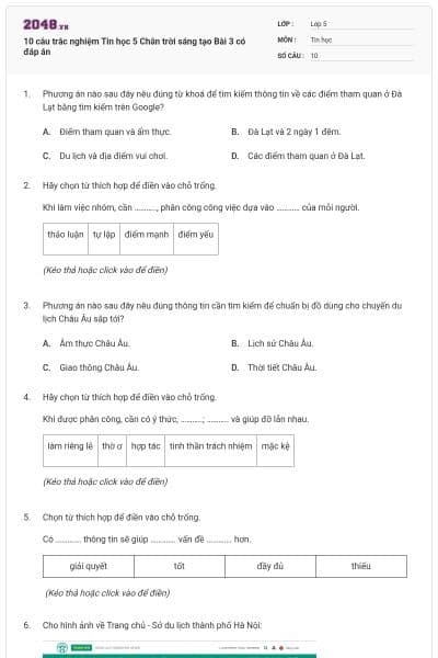 10 câu trắc nghiệm Tin học 5 Chân trời sáng tạo Bài 3 có đáp án