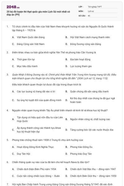20 bộ đề luyện thi thpt quốc gia môn Lịch Sử mới nhất có đáp án (P9)