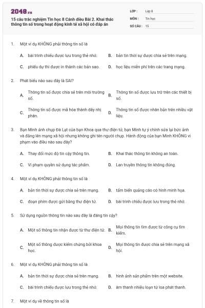 15 câu trắc nghiệm Tin học 8 Cánh diều Bài 2. Khai thác thông tin số trong hoạt động kinh tế xã hội có đáp án