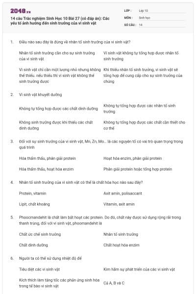 14 câu Trắc nghiệm Sinh Học 10 Bài 27 (có đáp án): Các yếu tố ảnh hưởng đến sinh trưởng của vi sinh vật