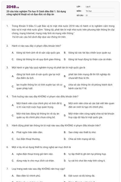 20 câu trắc nghiệm Tin học 8 Cánh diều Bài 1. Sử dụng công nghệ kĩ thuật số có đạo đức có đáp án