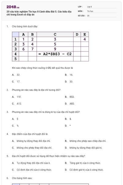 20 câu trắc nghiệm Tin học 8 Cánh diều Bài 5. Các kiểu địa chỉ trong Excel có đáp án