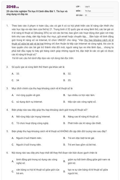 20 câu trắc nghiệm Tin học 8 Cánh diều Bài 1. Tin học và ứng dụng có đáp án