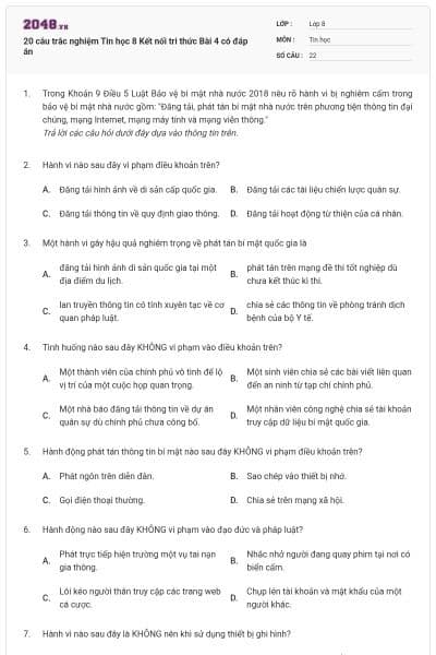 20 câu trắc nghiệm Tin học 8 Kết nối tri thức Bài 4 có đáp án