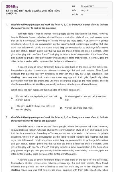 KỲ THI THỬ THPT QUỐC GIA NĂM 2019 MÔN TIẾNG ANH(P18)