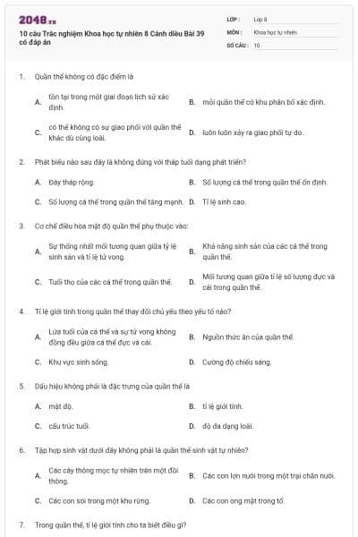 10 câu Trắc nghiệm Khoa học tự nhiên 8 Cánh diều Bài 39 có đáp án