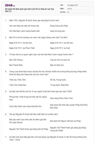 Đề luyện thi thpt quốc gia môn Lịch Sử có đáp án cực hay (Đề 21)