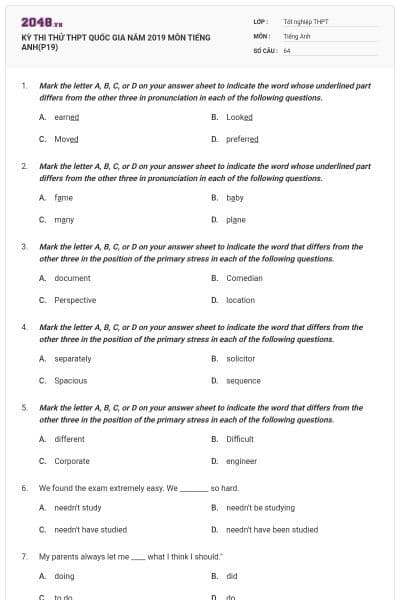 KỲ THI THỬ THPT QUỐC GIA NĂM 2019 MÔN TIẾNG ANH(P19)