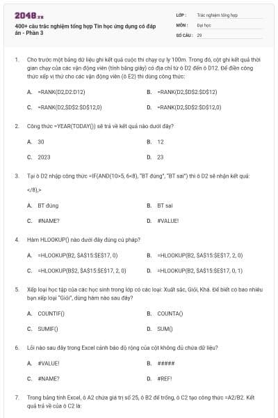 400+ câu trắc nghiệm tổng hợp Tin học ứng dụng có đáp án - Phần 3