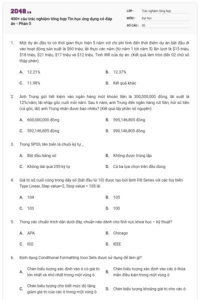 400+ câu trắc nghiệm tổng hợp Tin học ứng dụng có đáp án - Phần 5