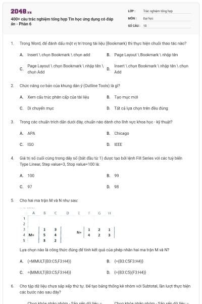 400+ câu trắc nghiệm tổng hợp Tin học ứng dụng có đáp án - Phần 6