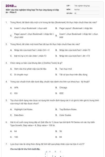 400+ câu trắc nghiệm tổng hợp Tin học ứng dụng có đáp án - Phần 9