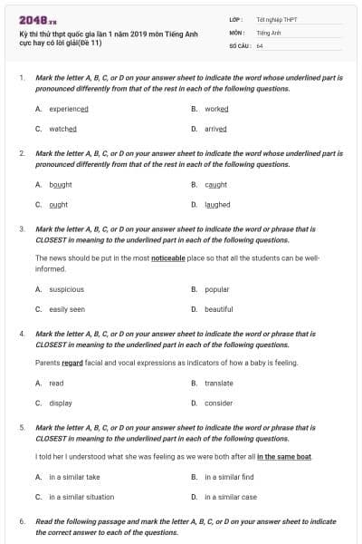 Kỳ thi thử thpt quốc gia lần 1 năm 2019 môn Tiếng Anh cực hay có lời giải(Đề 11)