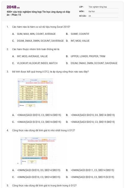 400+ câu trắc nghiệm tổng hợp Tin học ứng dụng có đáp án - Phần 15
