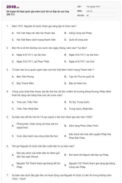 Đề luyện thi thpt quốc gia môn Lịch Sử có đáp án cực hay (Đề 21)
