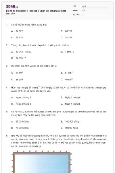 Bộ 25 đề thi cuối kì 2 Toán lớp 3 Chân trời sáng tạo có đáp án - Đề 4