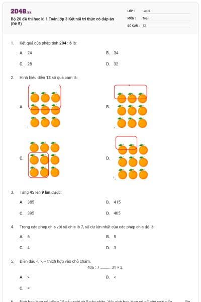 Bộ 20 đề thi học kì 1 Toán lớp 3 Kết nối tri thức có đáp án (Đề 5)
