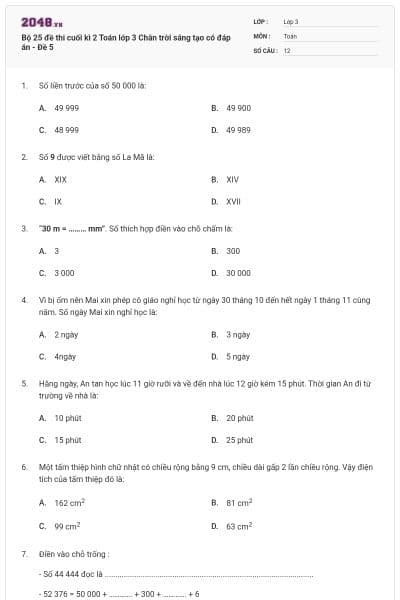 Bộ 25 đề thi cuối kì 2 Toán lớp 3 Chân trời sáng tạo có đáp án - Đề 5