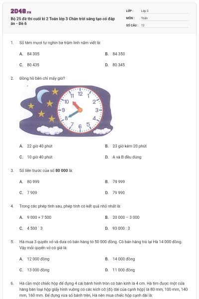 Bộ 25 đề thi cuối kì 2 Toán lớp 3 Chân trời sáng tạo có đáp án - Đề 6