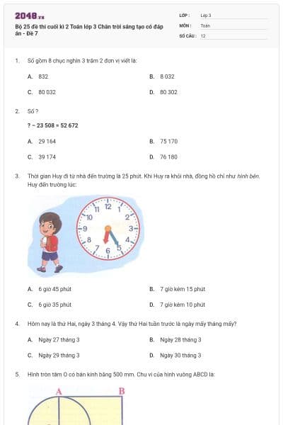 Bộ 25 đề thi cuối kì 2 Toán lớp 3 Chân trời sáng tạo có đáp án - Đề 7