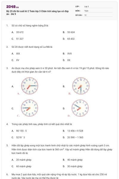 Bộ 25 đề thi cuối kì 2 Toán lớp 3 Chân trời sáng tạo có đáp án - Đề 9