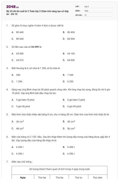 Bộ 25 đề thi cuối kì 2 Toán lớp 3 Chân trời sáng tạo có đáp án - Đề 10