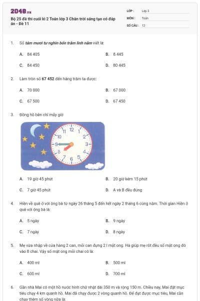 Bộ 25 đề thi cuối kì 2 Toán lớp 3 Chân trời sáng tạo có đáp án - Đề 11