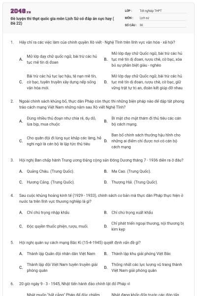 Đề luyện thi thpt quốc gia môn Lịch Sử có đáp án cực hay ( Đề 22)