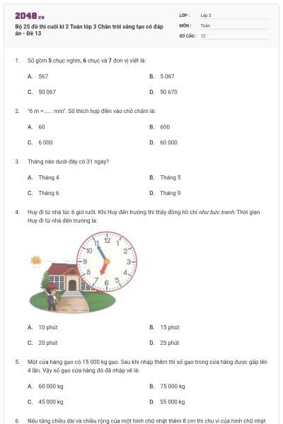 Bộ 25 đề thi cuối kì 2 Toán lớp 3 Chân trời sáng tạo có đáp án - Đề 13