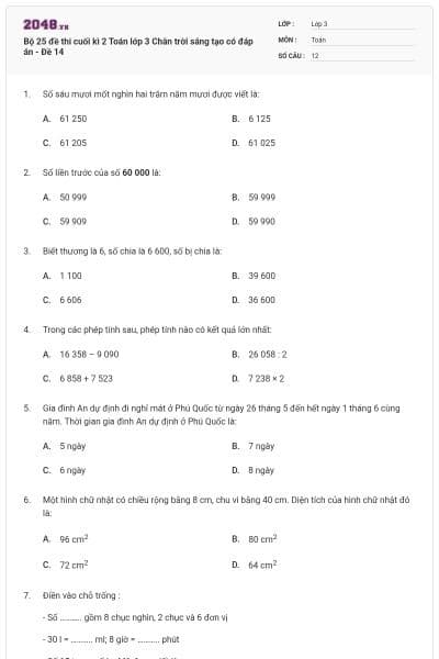 Bộ 25 đề thi cuối kì 2 Toán lớp 3 Chân trời sáng tạo có đáp án - Đề 14
