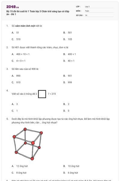 Bộ 15 đề thi cuối kì 1 Toán lớp 3 Chân trời sáng tạo có đáp án - Đề 1