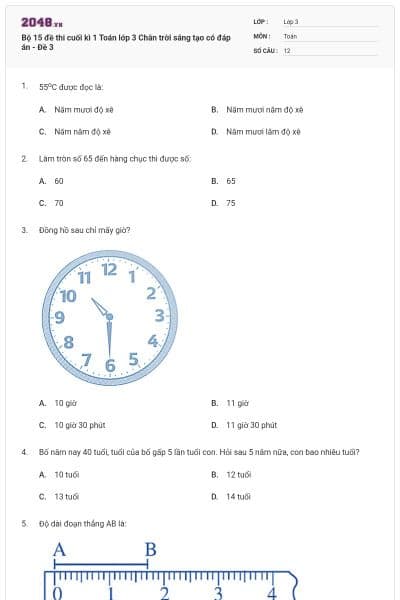 Bộ 15 đề thi cuối kì 1 Toán lớp 3 Chân trời sáng tạo có đáp án - Đề 3