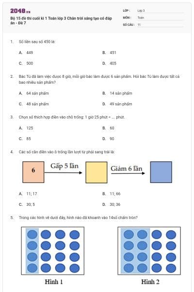 Bộ 15 đề thi cuối kì 1 Toán lớp 3 Chân trời sáng tạo có đáp án - Đề 7