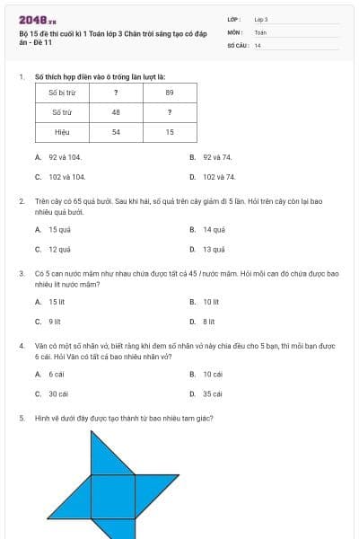 Bộ 15 đề thi cuối kì 1 Toán lớp 3 Chân trời sáng tạo có đáp án - Đề 11