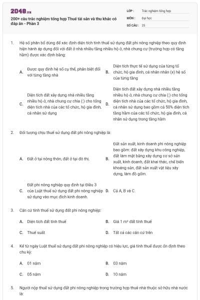 200+ câu trắc nghiệm tổng hợp Thuế tài sản và thu khác có đáp án - Phần 3