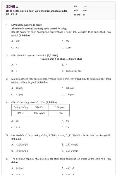 Bộ 15 đề thi cuối kì 2 Toán lớp 5 Chân trời sáng tạo có đáp án - Đề 12