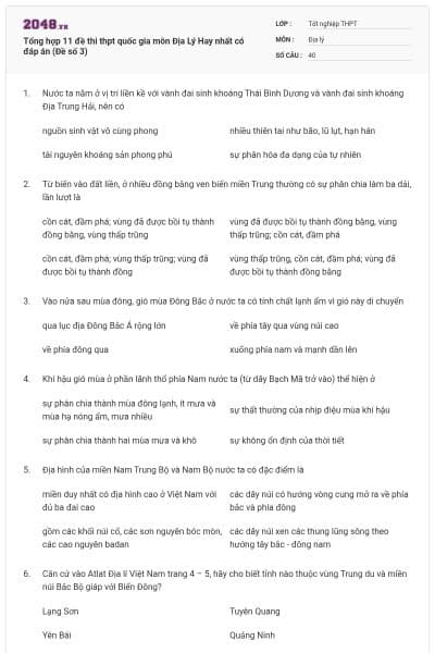 Tổng hợp 11 đề thi thpt quốc gia môn Địa Lý Hay nhất có đáp án (Đề số 3)