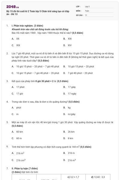 Bộ 15 đề thi cuối kì 2 Toán lớp 5 Chân trời sáng tạo có đáp án - Đề 13